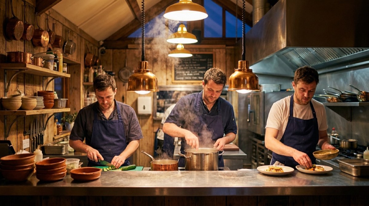 A small restaurant team working the evening pass
