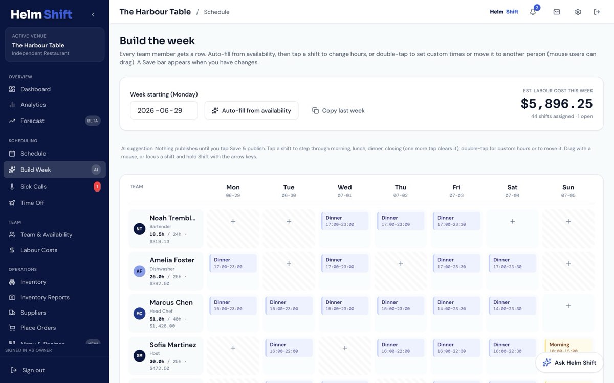 The Helm Shift schedule builder with a full week auto-filled